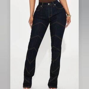 Fashion Nova Dark Indigo Bootcut Jeans with Chevron Stitching